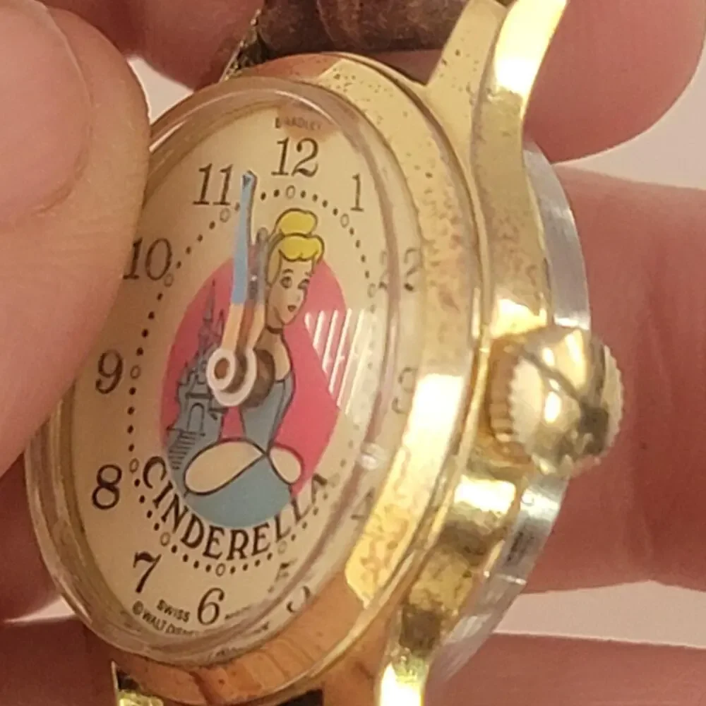 Bradley Cinderella Girls Watch Gold Case Cream Dial Brown Leather Vintage Swiss